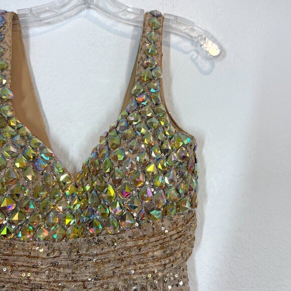 La Femme Gown Beaded Dress Gold Sequin Rhinestone Evening Tall 6 - Picture 9 of 17